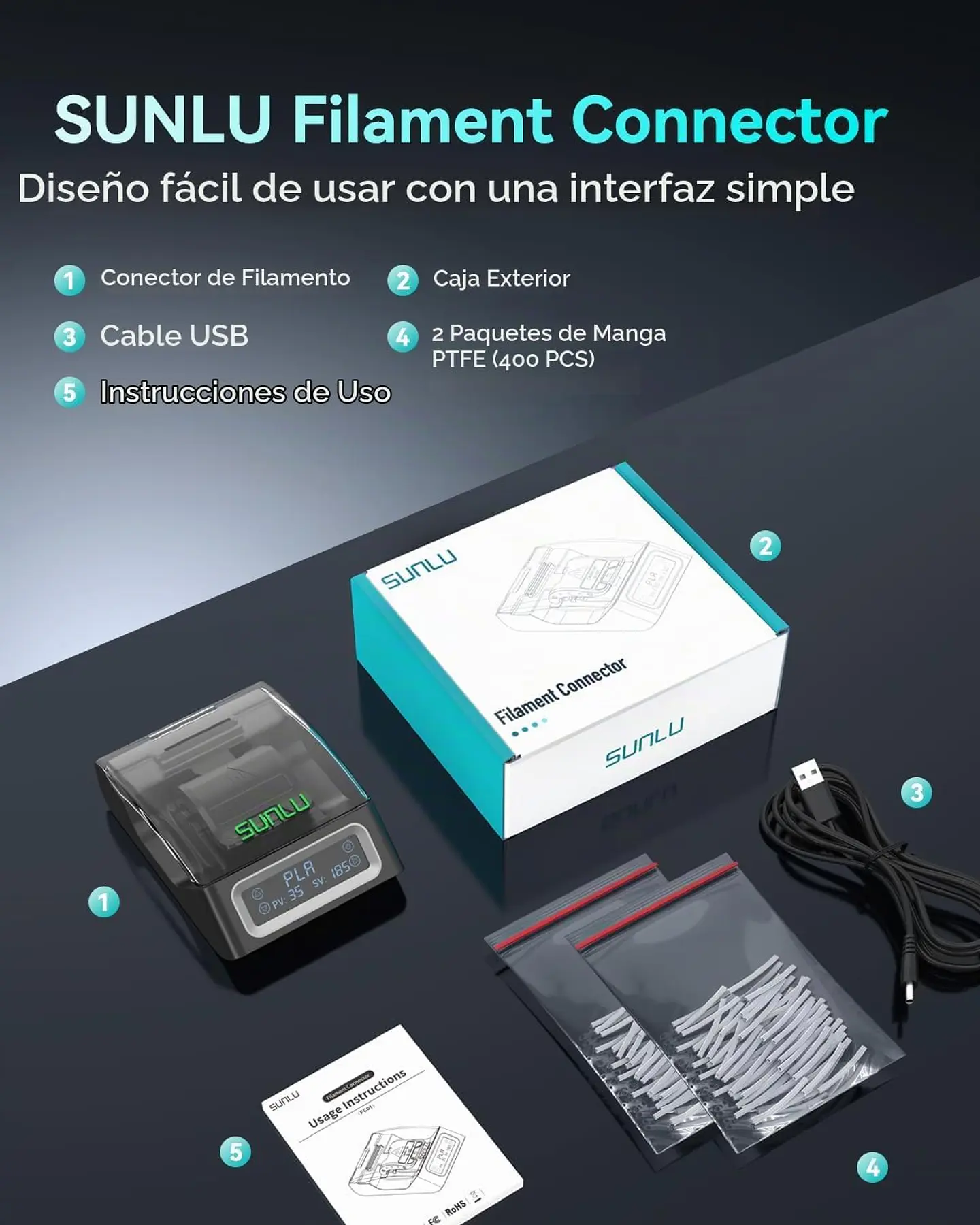 Conector de Filamento SUNLU 1.75mm con 400 Fundas PTFE (PLA, PETG, ABS, TPU, Nylon) 3
