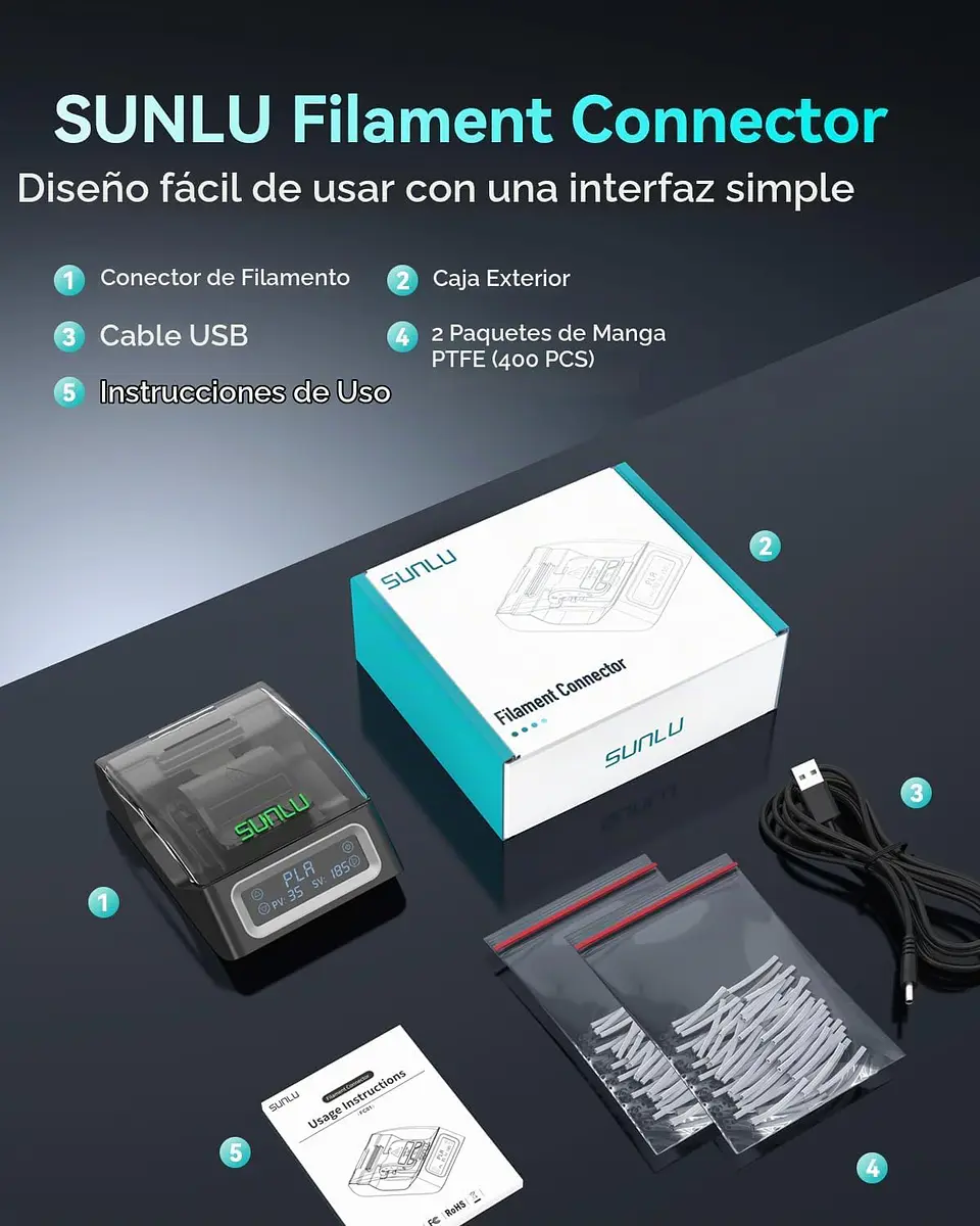 Conector de Filamento SUNLU 1.75mm con 400 Fundas PTFE (PLA, PETG, ABS, TPU, Nylon) 3