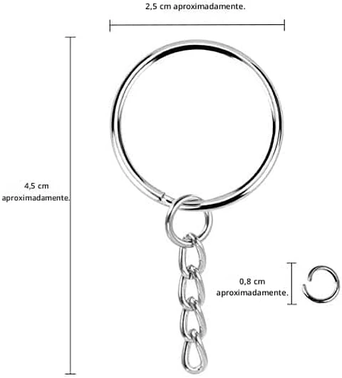 Set de 12 Aros de llaveros Redondos con Cadena y Anillos de Salto, 25mm, Plateados