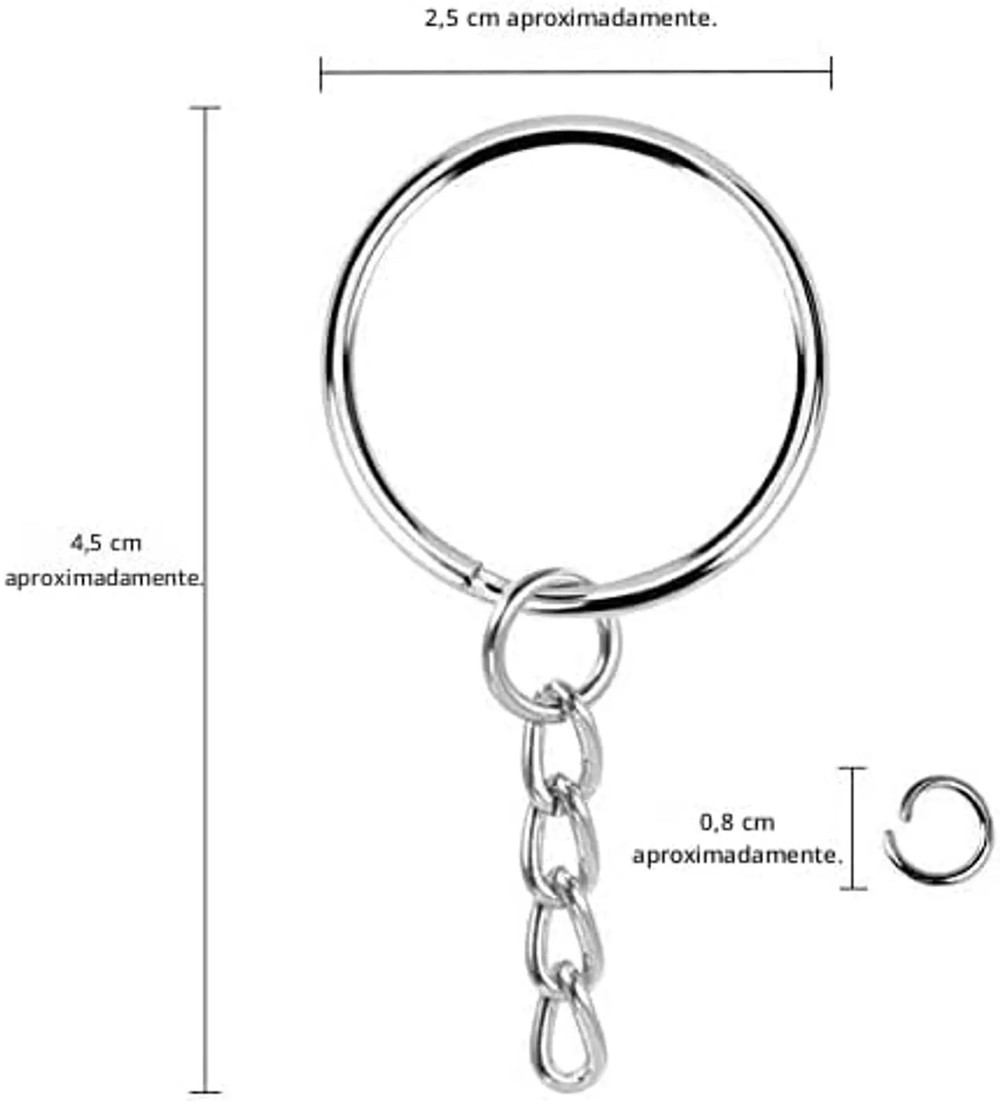 Set de 12 Aros de llaveros Redondos con Cadena y Anillos de Salto, 25mm, Plateados 1