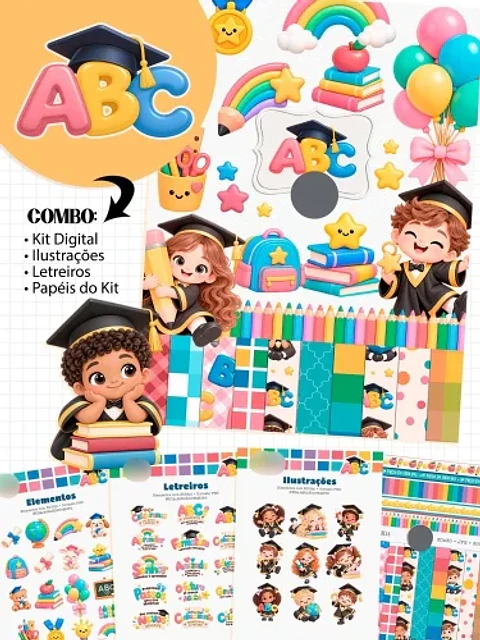 Kit Digital Formatura ABC 2026 Combo Ilustracoes e Papeis