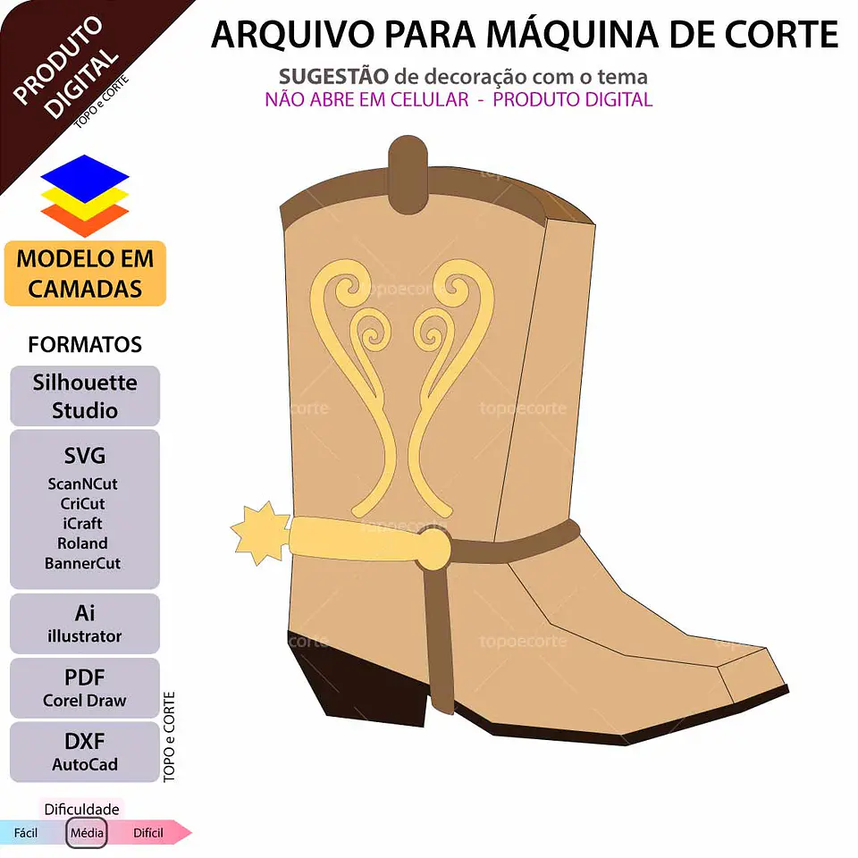 Arquivo Topo de Bolo Bota Cowboy 3D 1