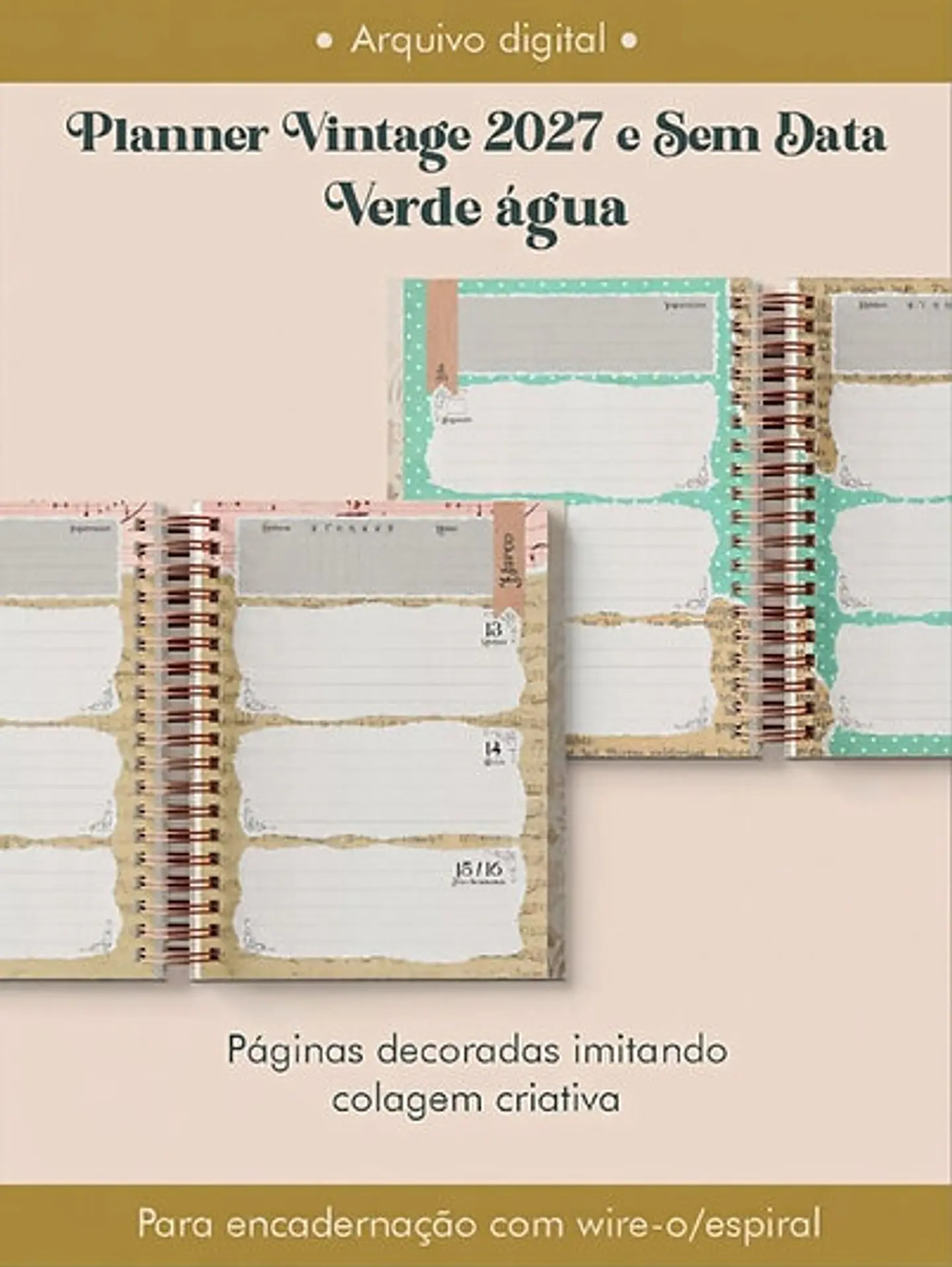 Arquivo Planner Vintage Verde-Água 2027 e sem data Wire-o 1