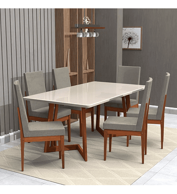 Conjunto Mesa com Vidro Pés Madeira Maciça 6 Cadeiras Madeira Dakota Tecido A40 Caramelo