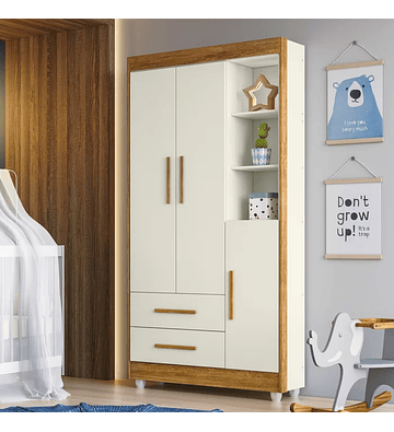 Guarda Roupa Infantil 100% MDF Flocos 3 Portas 2 Gavetas Branco/Ypê