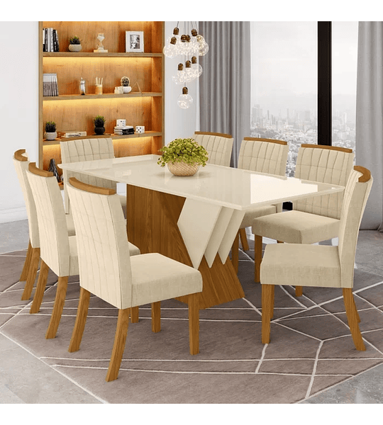 Conjunto Sala de Jantar Mesa Tampo MDF e Vidro 8 Cadeiras Itália Espresso Móveis Nature/Off White/Bege Claro - 