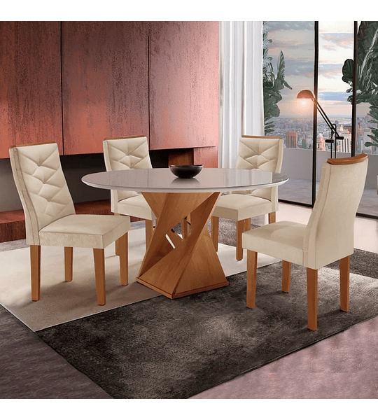 Conjunto Mesa Redonda com Vidro e 4 Cadeiras Tampo Barcelona Yescasa Cinamomo/Off White/Suede Pena - 