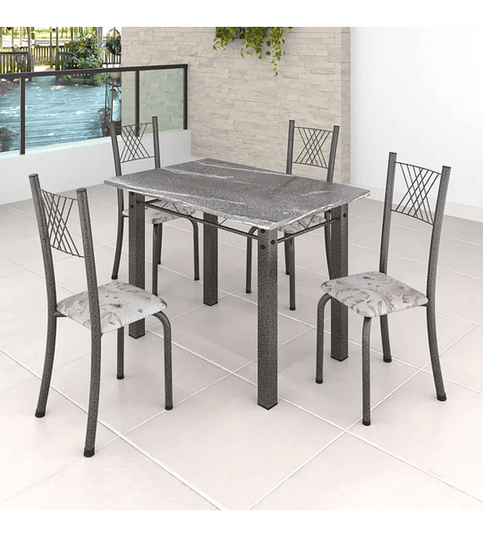 Conjunto Mesa com 4 Cadeiras Tampo de Granito Topázio Sara Yescasa Preto Floral/Martelado Prata - 