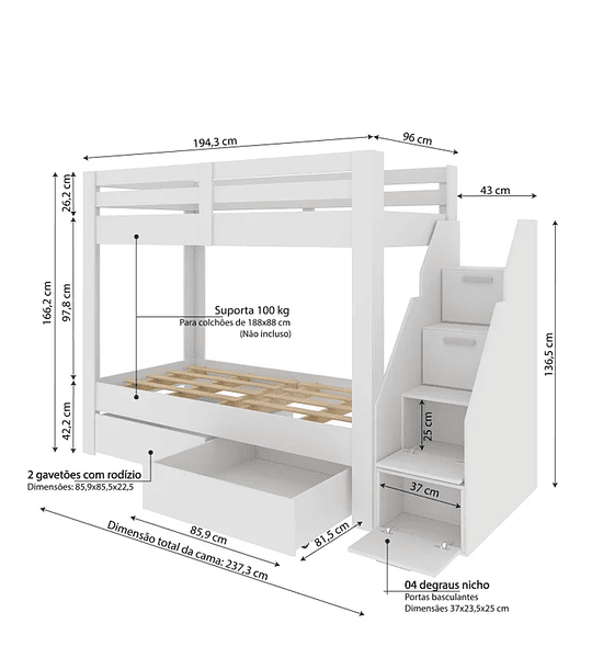 Beliche Solteiro Adulto com 2 Gavetões e 4 Nichos Star Plus Casatema Branco Perfect Wood