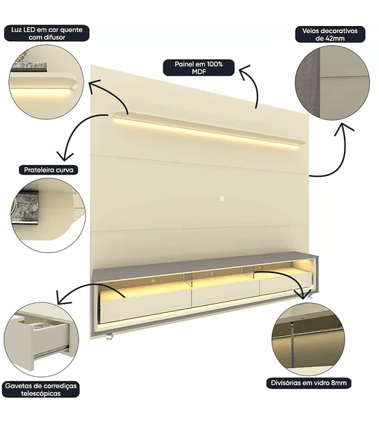 Rack com Painel para Tv até 85 Polegadas Led 3 Gavetas com Rodízios 220cm Royal/requinte Off White/Naturale-Off White - 