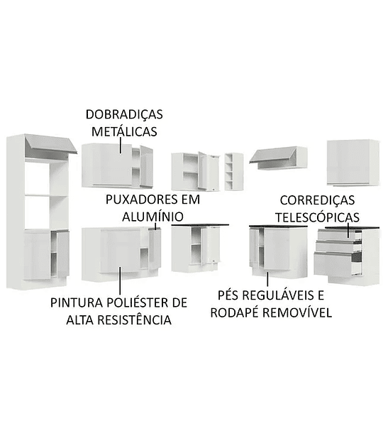 Armário de Cozinha Completa de Canto 100% MDF 479cm Branco/Rustic. - 