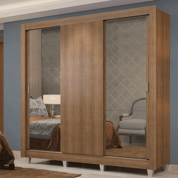 Guarda-Roupa Casal  Lyon Plus 3 Portas de Correr com Espelhos 4 Gavetas com Pés Rustic 1