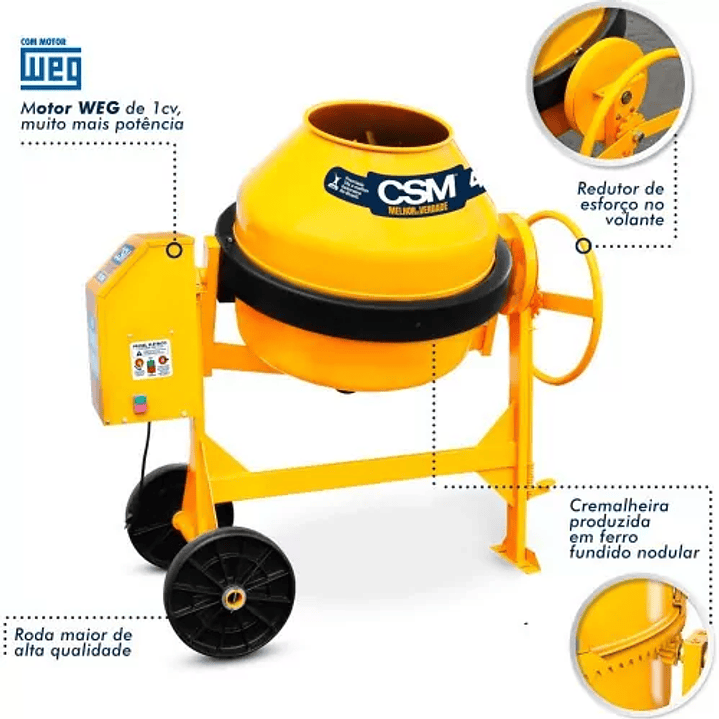 Betoneira 200L com Motor 1 hp WEG Monofásico e Chave Elétrica NR12 - Completa 200L 220V 4