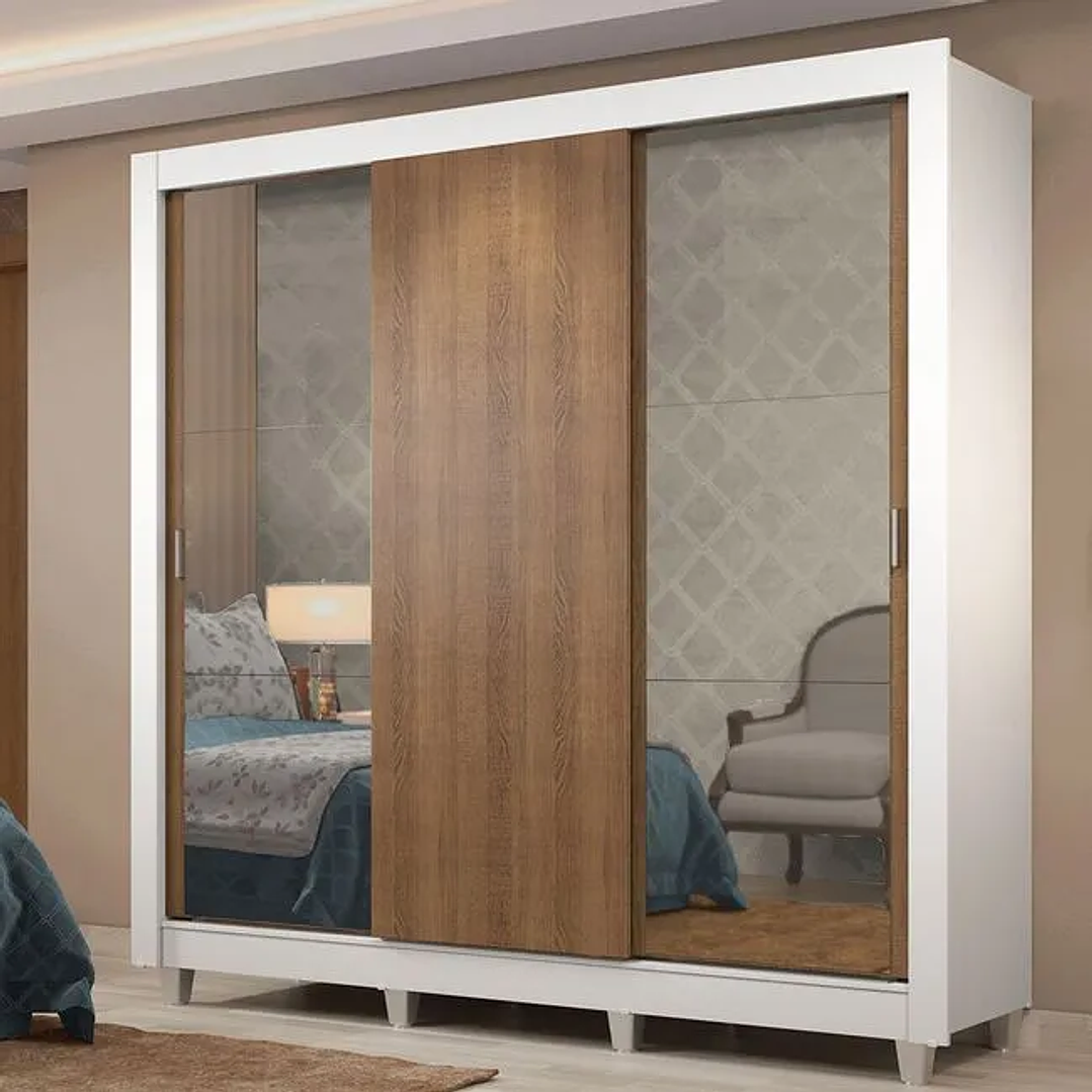 Guarda-Roupa Casal  Lyon Plus 3 Portas de Correr com Espelhos 4 Gavetas com Pés Rustic 4