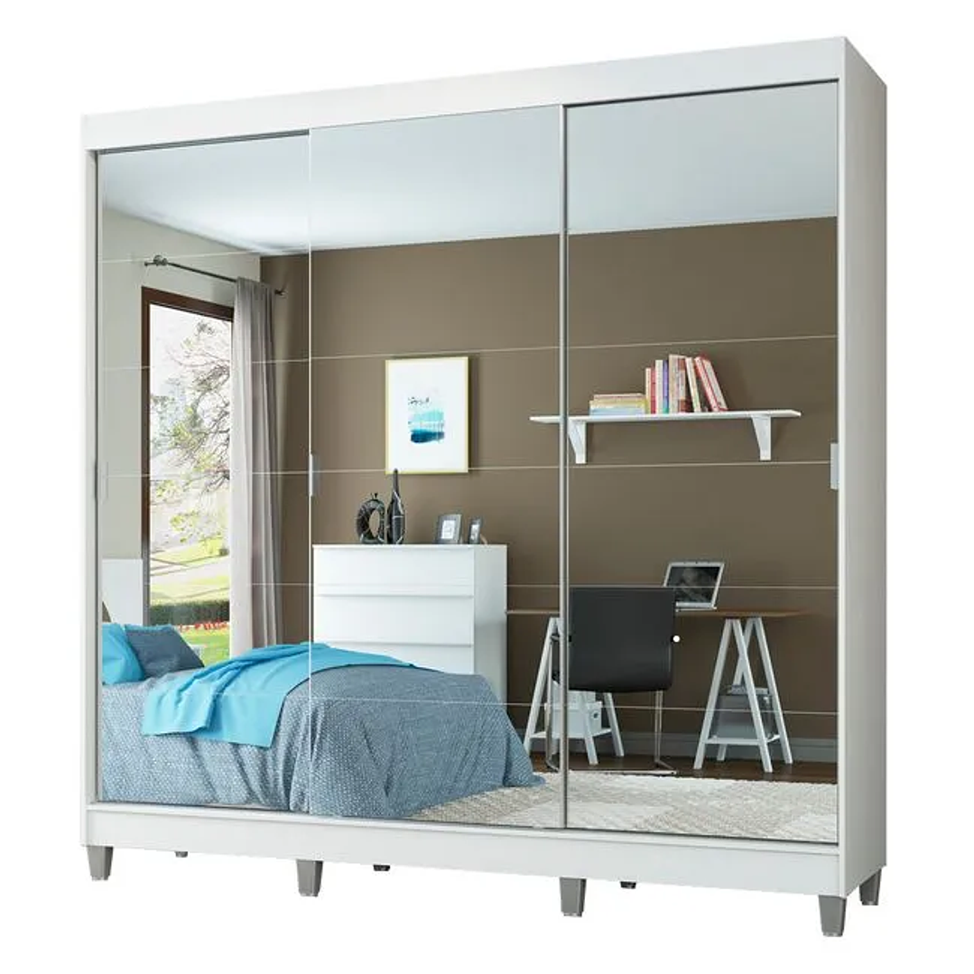 Guarda-Roupa Casal 3 Portas de Correr com Espelho com Pés Branco 2