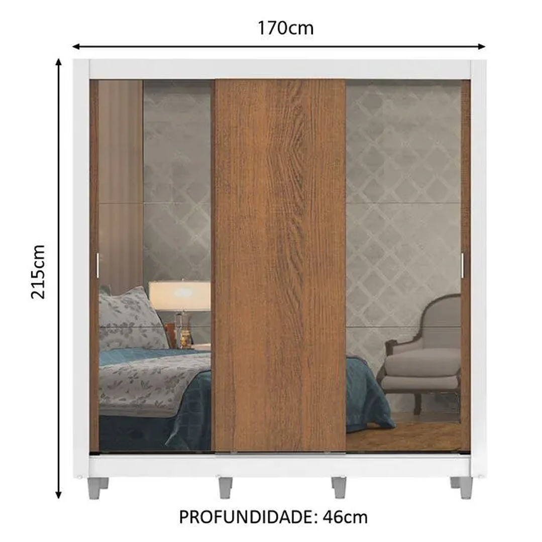 Guarda-Roupa Casal  Lyon Plus 3 Portas de Correr com Espelhos 4 Gavetas com Pés Rustic 5