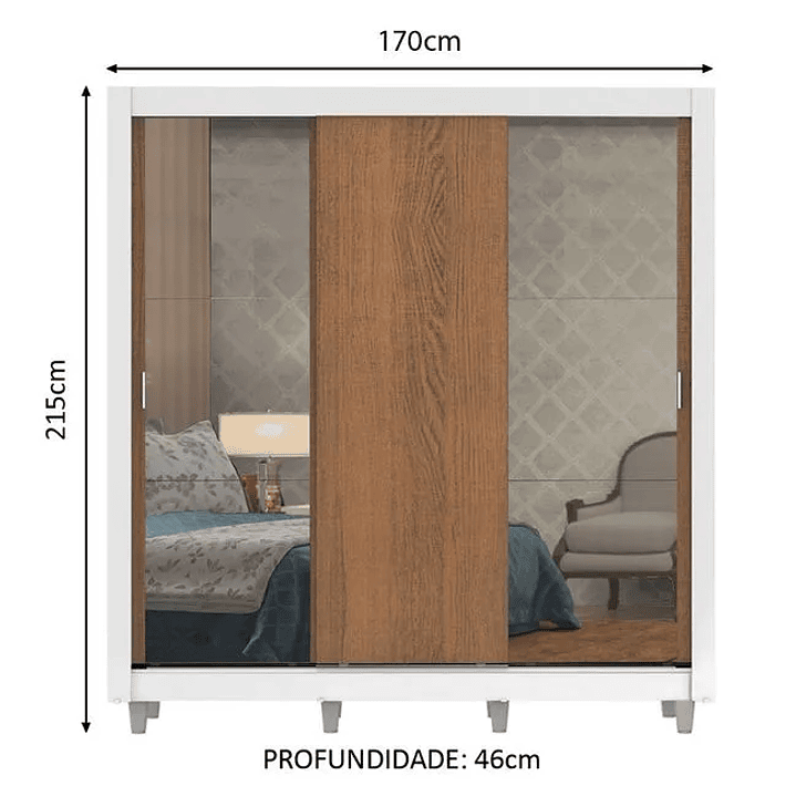 Guarda-Roupa Casal  Lyon Plus 3 Portas de Correr com Espelhos 4 Gavetas com Pés Rustic 5