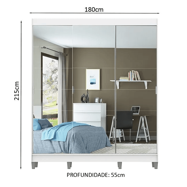 Guarda-Roupa Casal 3 Portas de Correr com Espelho com Pés Branco 3