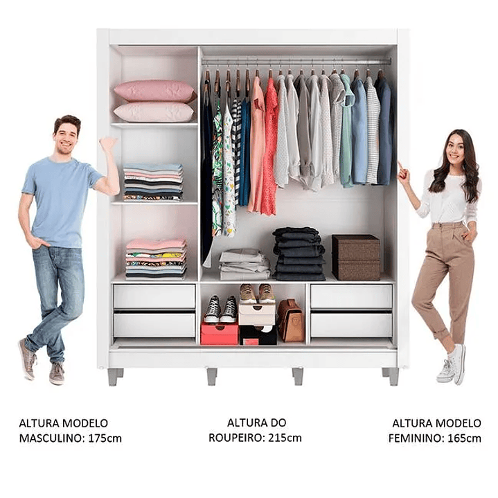 Guarda-Roupa Casal  Lyon Plus 3 Portas de Correr com Espelhos 4 Gavetas com Pés Rustic 6