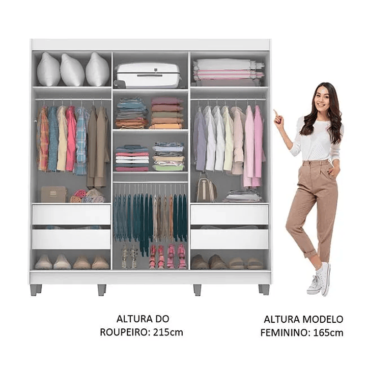 Guarda-Roupa Casal 3 Portas de Correr com Espelho com Pés Branco 4