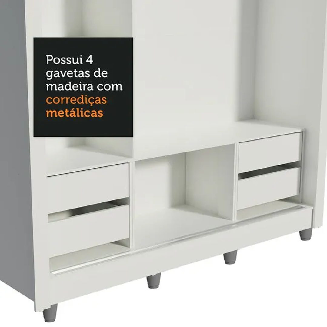 Guarda-Roupa Casal  Lyon Plus 3 Portas de Correr com Espelhos 4 Gavetas com Pés Rustic 10