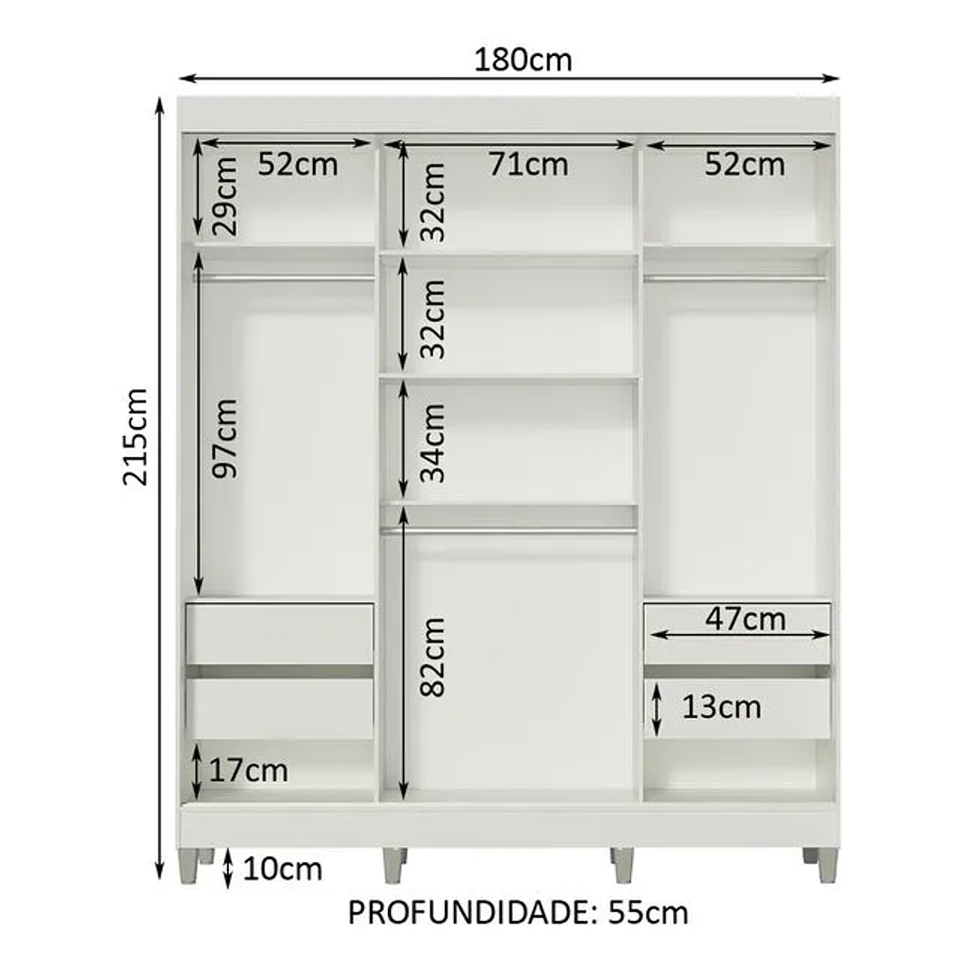 Guarda-Roupa Casal 3 Portas de Correr com Espelho com Pés Branco 9