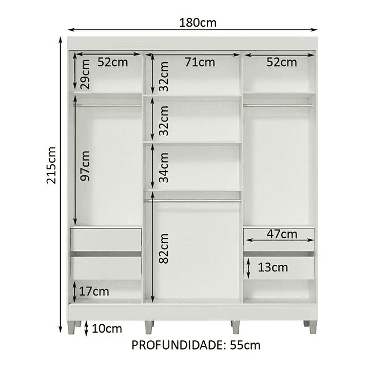 Guarda-Roupa Casal 3 Portas de Correr com Espelho com Pés Branco 9