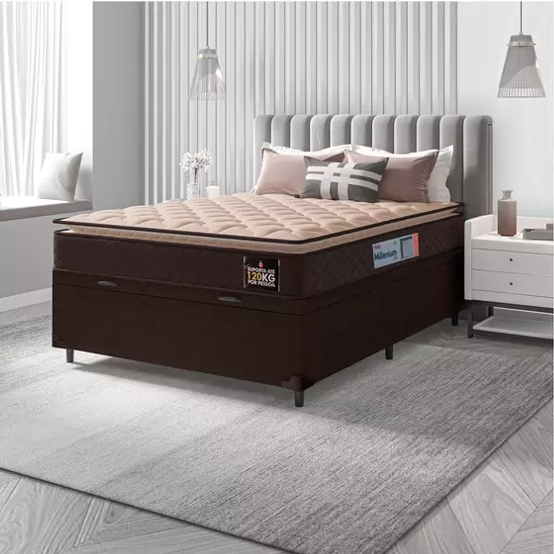 Cama Box Baú Casal Colchão Espuma D33 Pillow Top Millenium 138x188x60cm Marrom Hellen  1