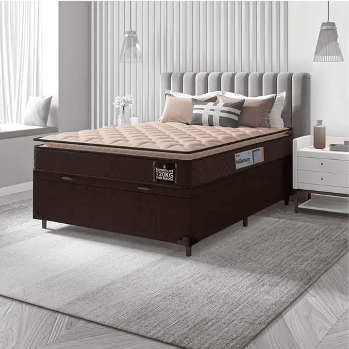 Cama Box Baú Casal Colchão Espuma D33 Pillow Top Millenium 138x188x60cm Marrom Hellen  1