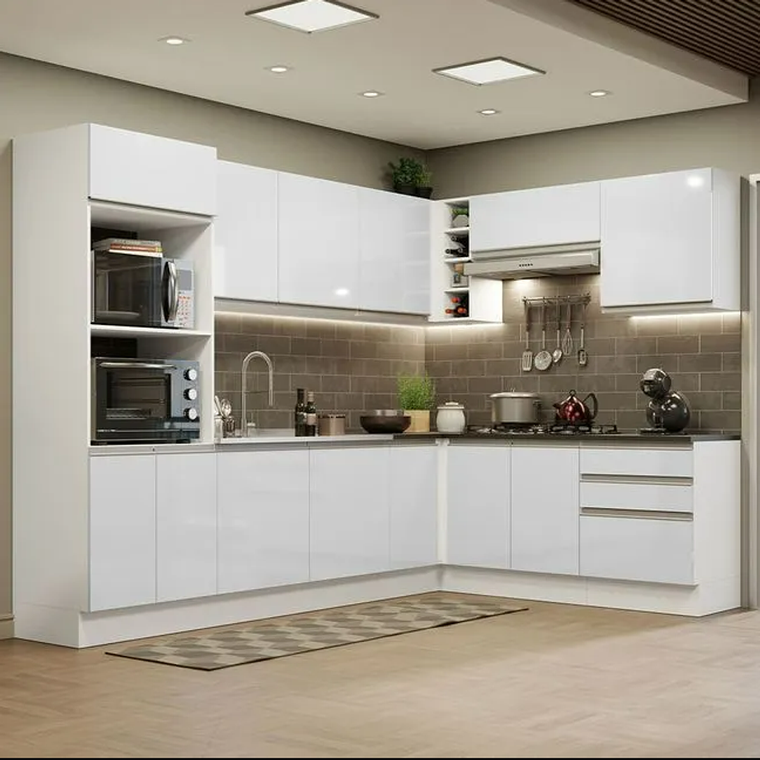 Armário de Cozinha Completa de Canto 100% MDF 479cm Branco/Rustic. 1