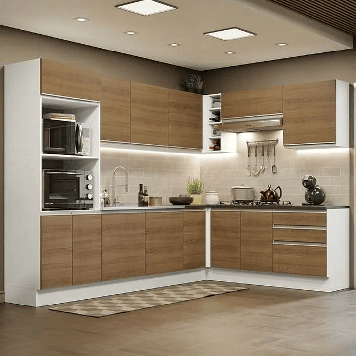 Armário de Cozinha Completa de Canto 100% MDF 479cm Branco/Rustic. 3