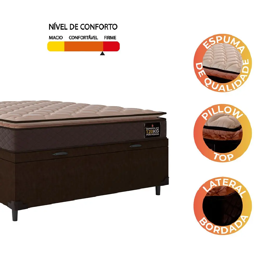 Cama Box Baú Casal Colchão Espuma D33 Pillow Top Millenium 138x188x60cm Marrom Hellen  5