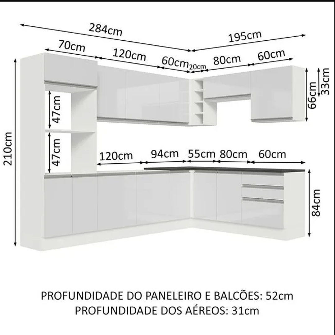 Armário de Cozinha Completa de Canto 100% MDF 479cm Branco/Rustic. 4
