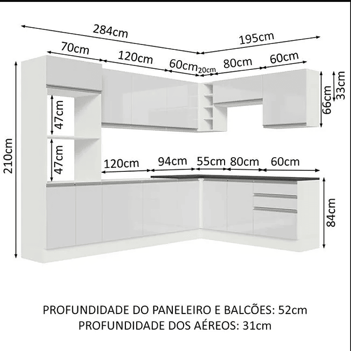 Armário de Cozinha Completa de Canto 100% MDF 479cm Branco/Rustic. 4