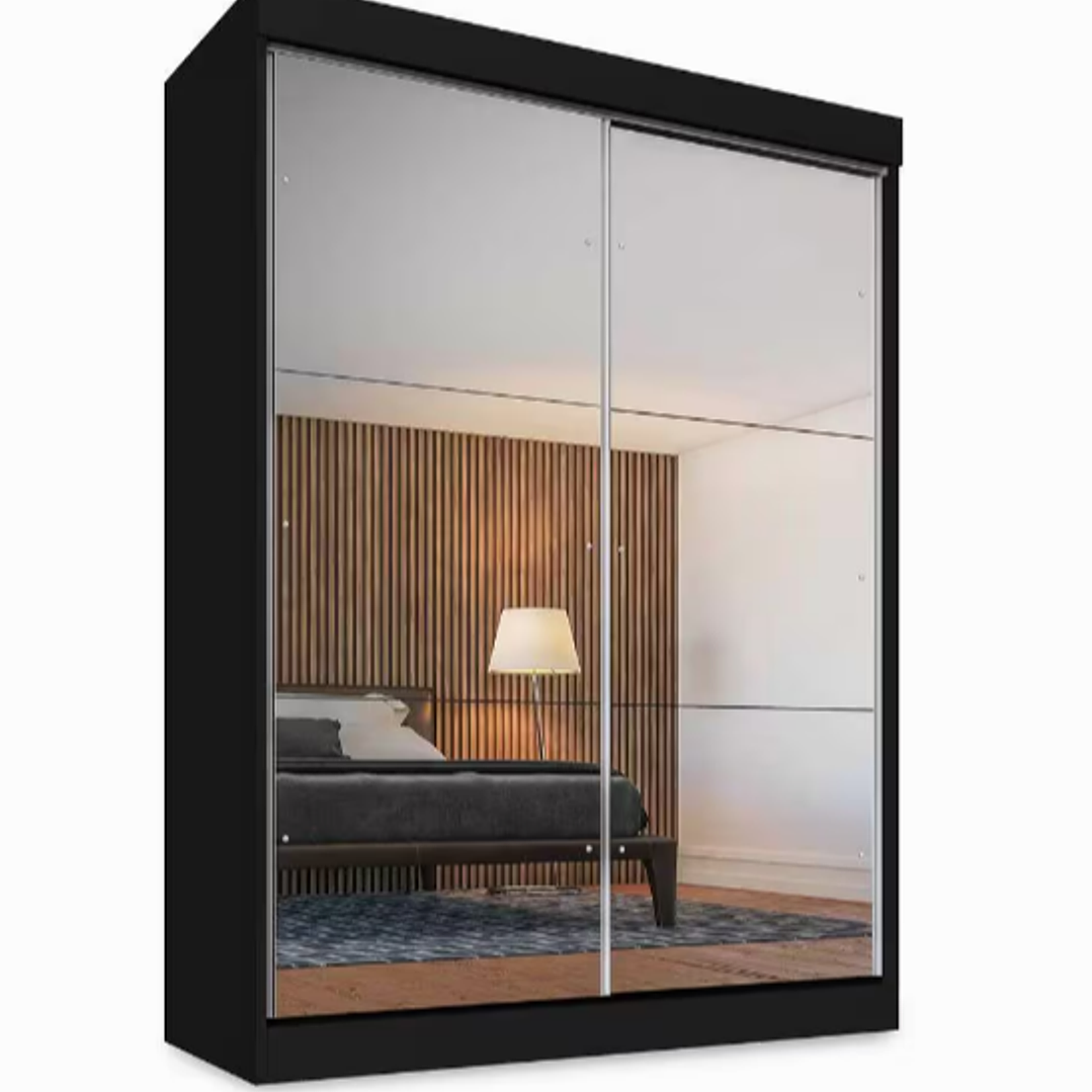 Guarda Roupa Solteiro 2 Portas de Correr 2 Gavetas e 6 Espelhos Peônia Preto 2