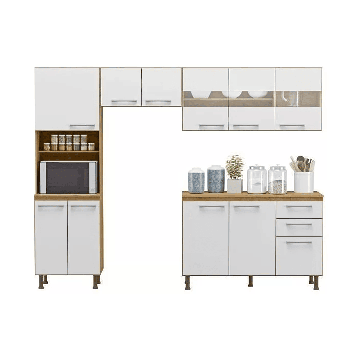 Cozinha Compacta 4 Peças Balcão com Tampo 3 Portas de Vidro Sinai/Branco 2