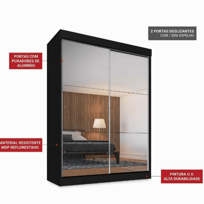 Guarda Roupa Solteiro 2 Portas de Correr 2 Gavetas e 6 Espelhos Peônia Preto 3
