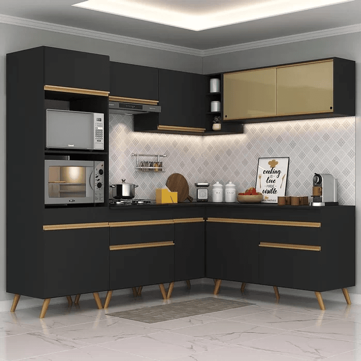 Cozinha Completa de Canto Veneza MP2064 com Armário e Balcão Preta Preto 1