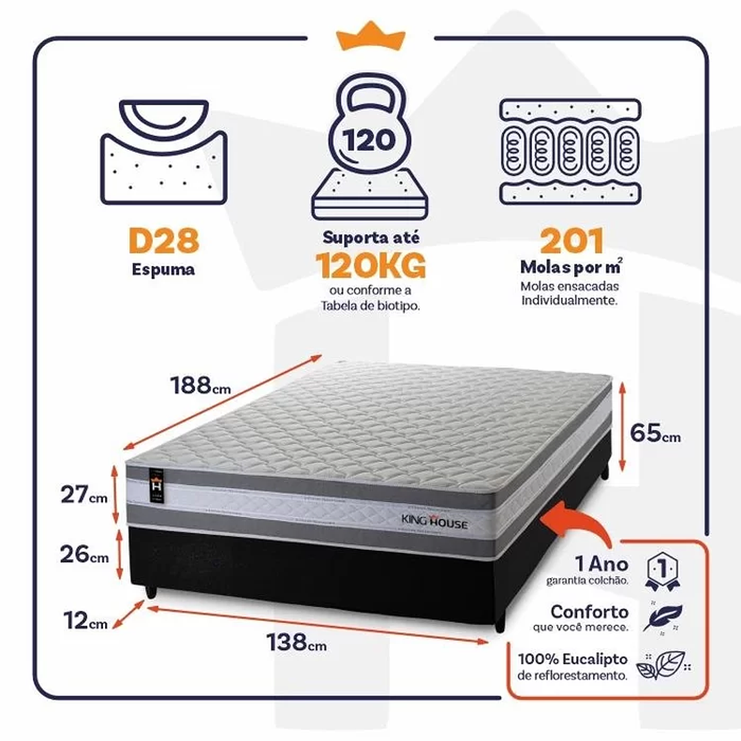 Conjunto Cama Box Casal c/ Molas Ensacadas Alpine Cinza 138x188x65 Cinza Liso Vendido e entregue por King House 5