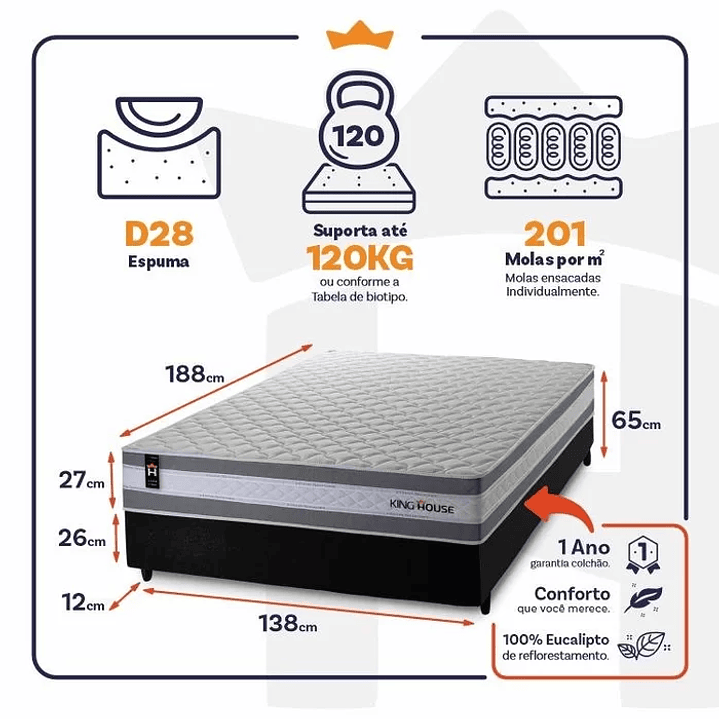 Conjunto Cama Box Casal c/ Molas Ensacadas Alpine Cinza 138x188x65 Cinza Liso Vendido e entregue por King House 5