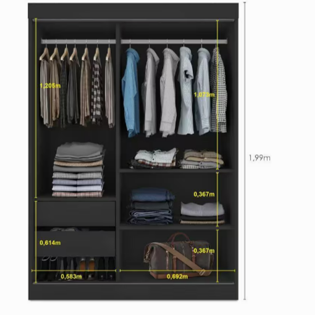 Guarda Roupa Solteiro 2 Portas de Correr 2 Gavetas e 6 Espelhos Peônia Preto 5