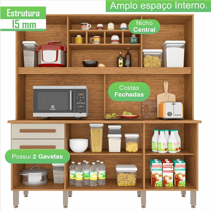 Armário para Cozinha 6 Portas 2 Gavetas Cinamomo/Grafite/BRANCO/OFF WHITE 5