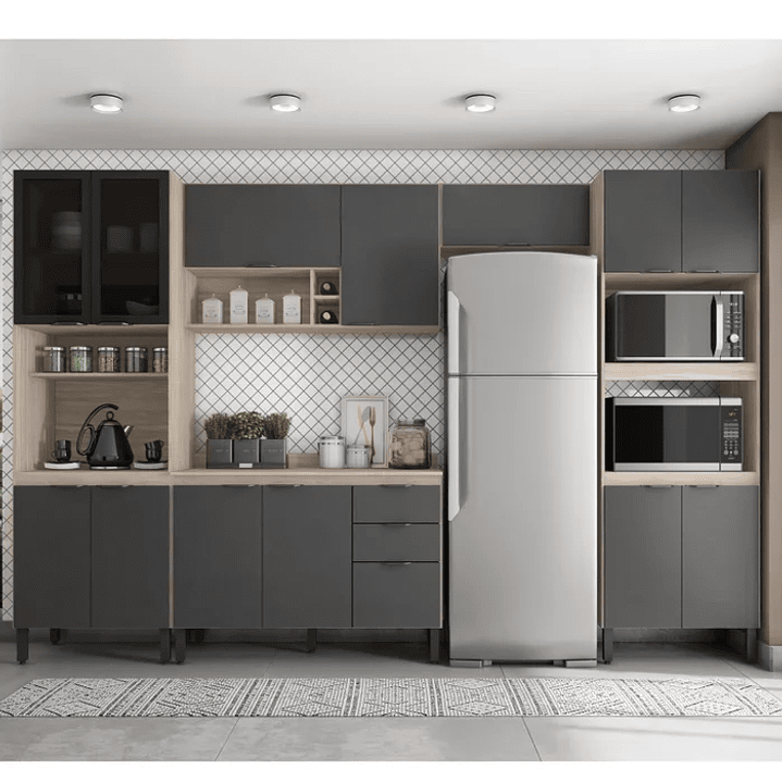 Cozinha Completa Firenze 05 Peças 14 Portas e 02 Gavetas Avena/Grafito /Branco 2
