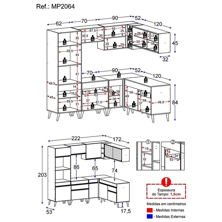 Cozinha Completa de Canto Veneza MP2064 com Armário e Balcão Preta Preto 6