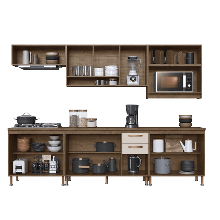 Cozinha Modulada Completa Berlim 6 Peças 280cm 12 Portas 2 Gavetas com Tampo Noce/Off-White 2