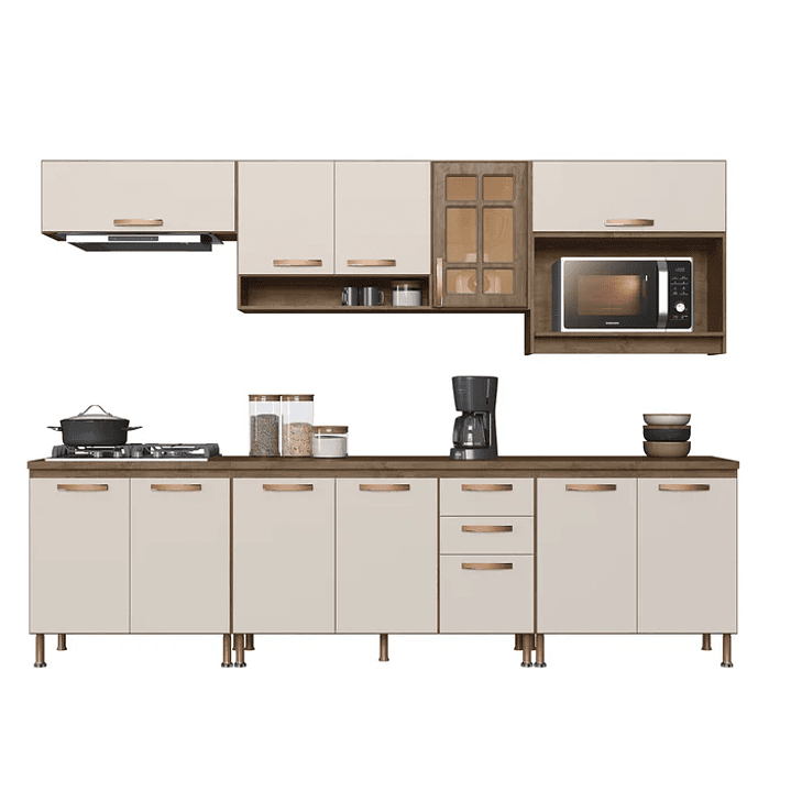 Cozinha Modulada Completa Berlim 6 Peças 280cm 12 Portas 2 Gavetas com Tampo Noce/Off-White 3