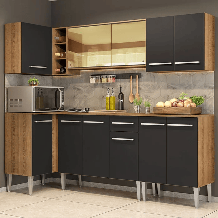 Cozinha Completa de Canto com Balcão e Armário Vidro Reflex Rustic/Preto Cor: Rust Preto 2