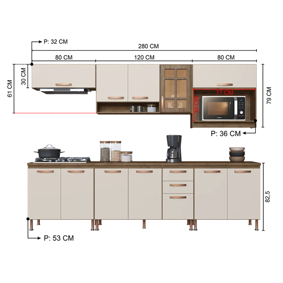 Cozinha Modulada Completa Berlim 6 Peças 280cm 12 Portas 2 Gavetas com Tampo Noce/Off-White 4