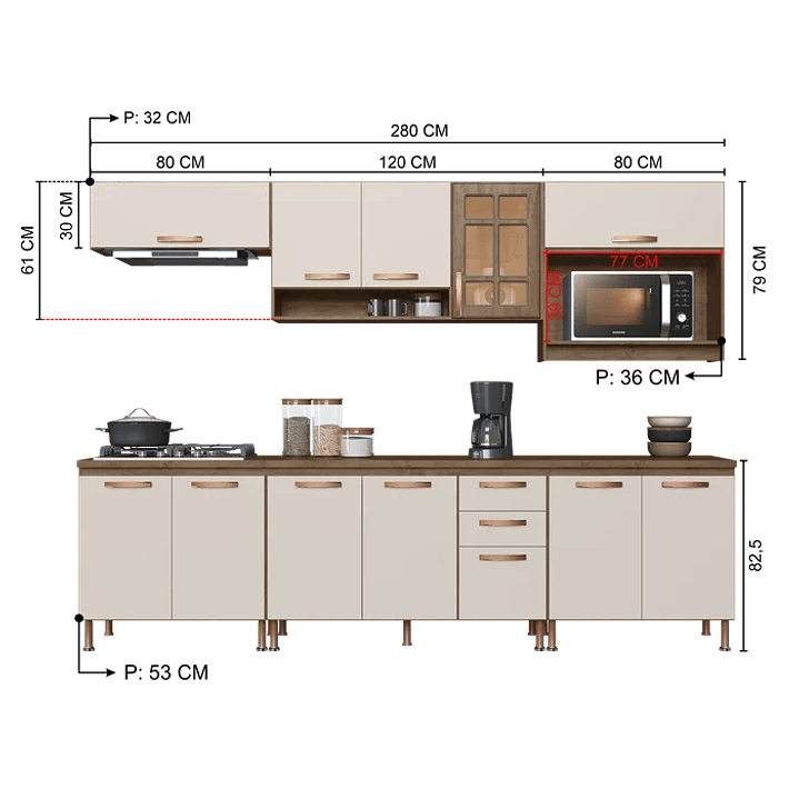 Cozinha Modulada Completa Berlim 6 Peças 280cm 12 Portas 2 Gavetas com Tampo Noce/Off-White 4