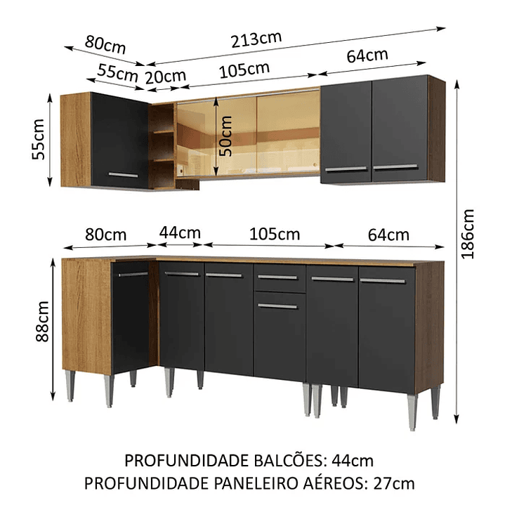 Cozinha Completa de Canto com Balcão e Armário Vidro Reflex Rustic/Preto Cor: Rust Preto 3